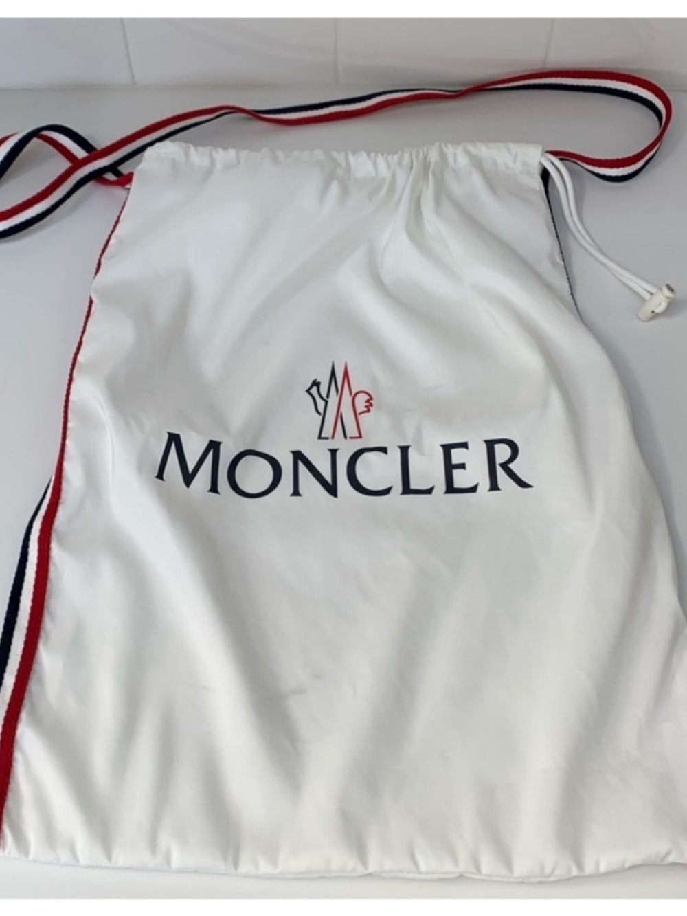 Moncler White Nylon Red White Blue Ribbon Trim Drawstring Dust Bag Tote